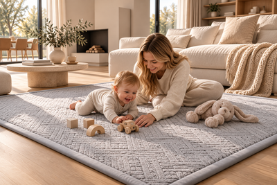 Moeder en baby spelen samen op de grijze ODIN BABY speelmat