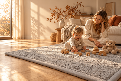 ODIN BABY speelmat in warme Scandinavische woonkamer met moeder en baby