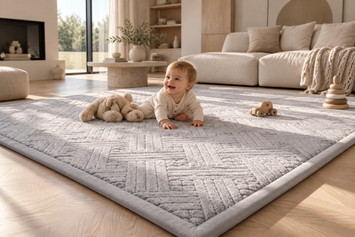Baby speelt op de grijze ODIN BABY speelmat in een lichte woonkamer