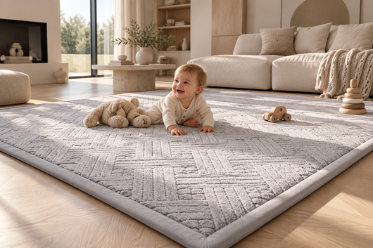 Baby speelt op de grijze ODIN BABY speelmat in een lichte woonkamer